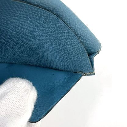 Hermes Bearn Soufflé □A Engraved Leather Blue Wallet Silver