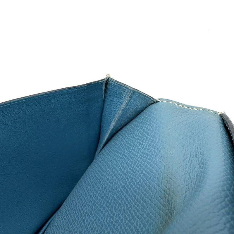 Hermes Bearn Soufflé □A Engraved Leather Blue Wallet Silver