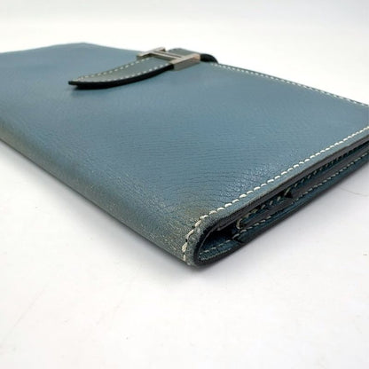 Hermes Bearn Soufflé □A Engraved Leather Blue Wallet Silver
