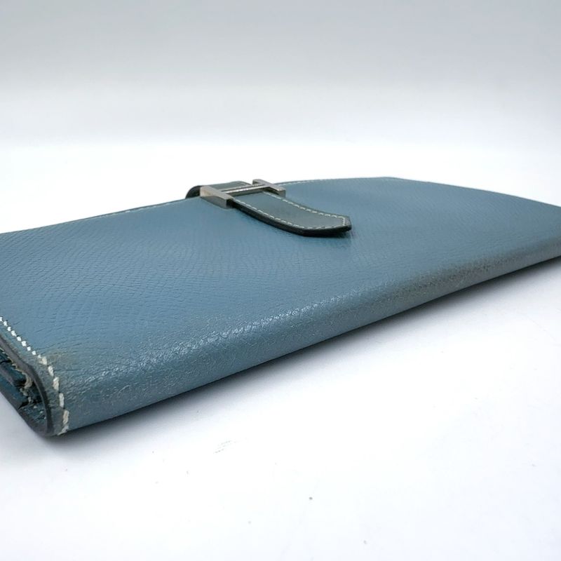 Hermes Bearn Soufflé □A Engraved Leather Blue Wallet Silver