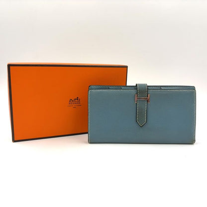 Hermes Bearn Soufflé □A Engraved Leather Blue Wallet Silver