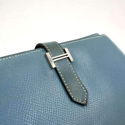 Hermes Bearn Soufflé □A Engraved Leather Blue Wallet Silver