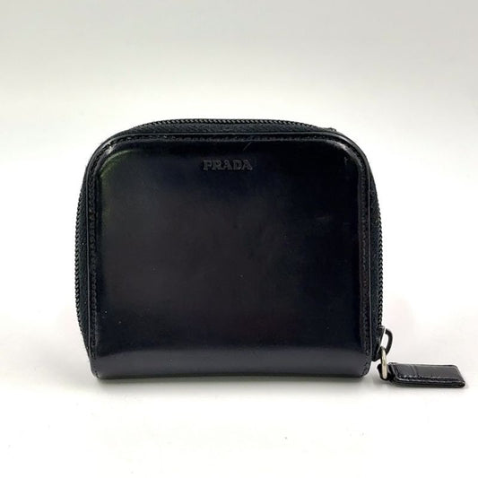 Prada Compact Zip Fold Leather Black Wallet Silver
