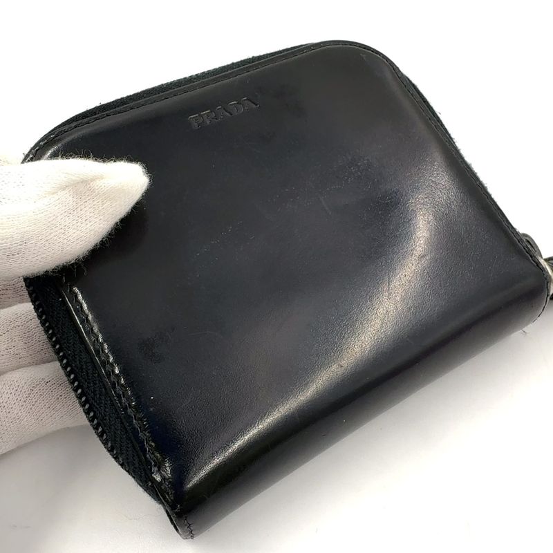 Prada Compact Zip Fold Leather Black Wallet Silver