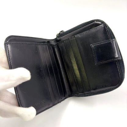 Prada Compact Zip Fold Leather Black Wallet Silver