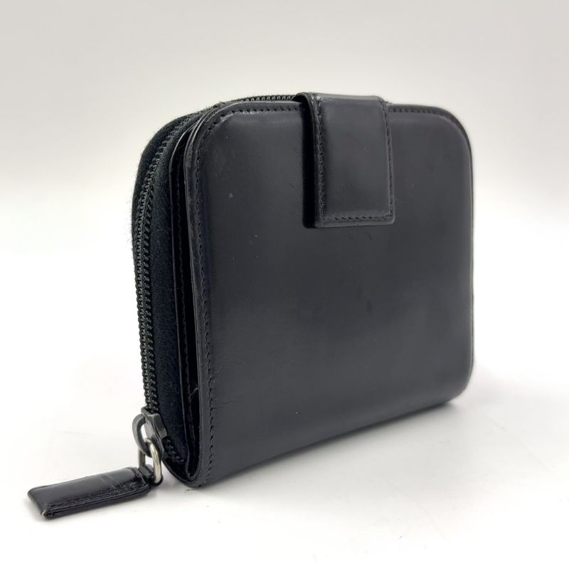Prada Compact Zip Fold Leather Black Wallet Silver