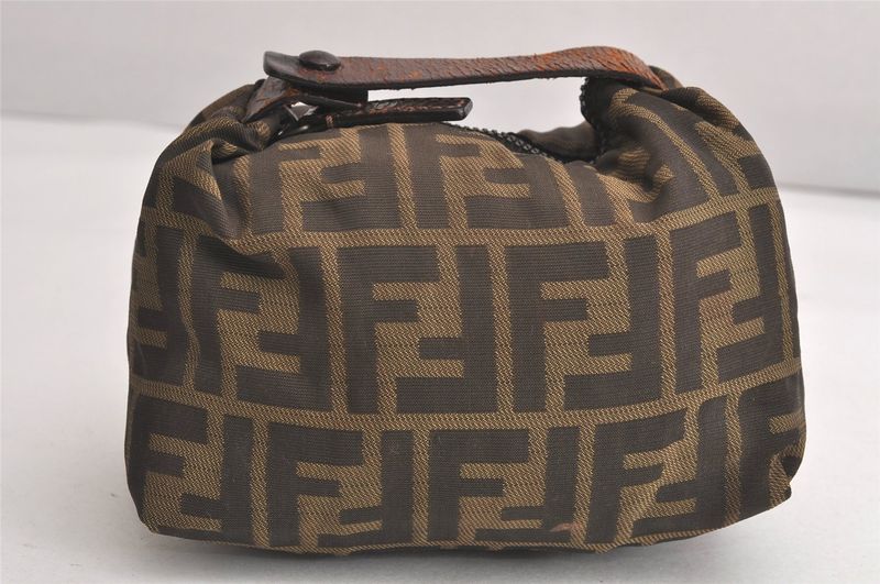 Fendi Zucca Pattern Vintage Handbag Pouch Purse Nylon Leather Brown 4501n