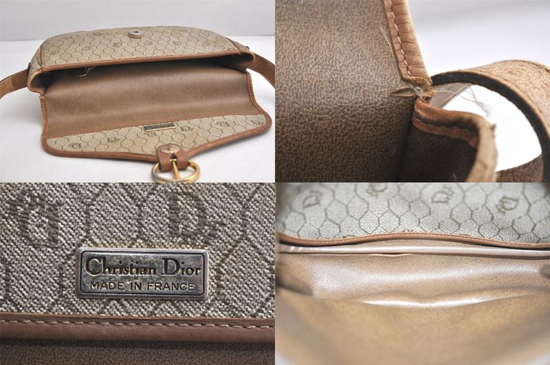 Christian DIOR Honeycomb Pattern Shoulder Cross Bag Pvc Leather Beige 4505n