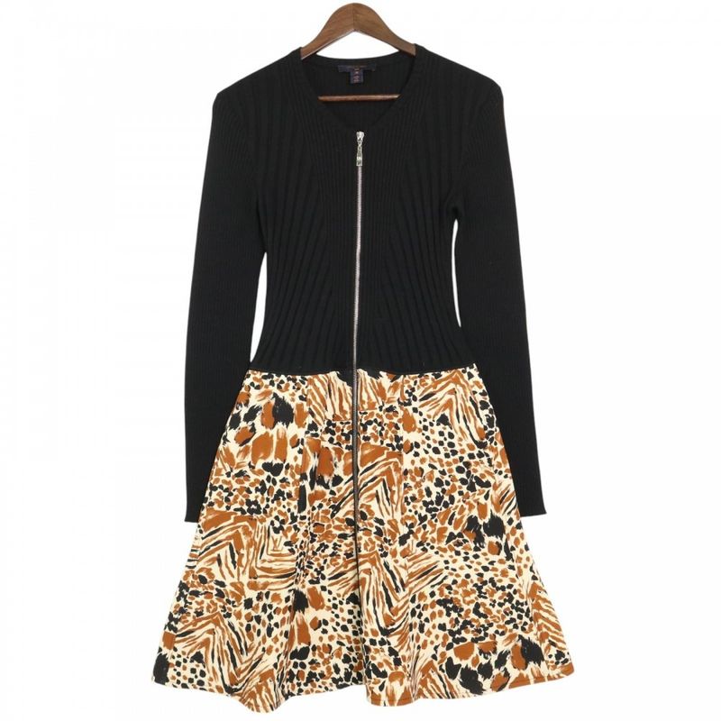 Louis Vuitton Dress Women's Animal Pattern Front Zip Knit Dress Long Sleeve