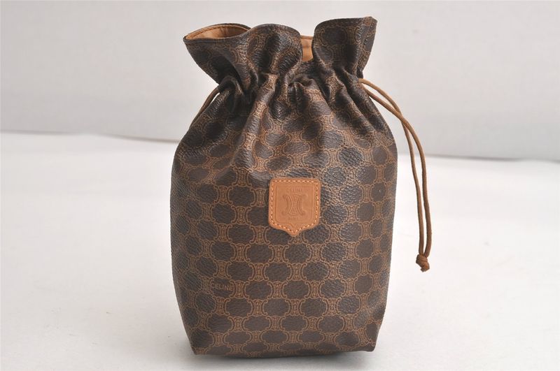 Celine Macadam Blazon Pattern Drawstring Shape Pouch Pvc Leather Brown 4531n