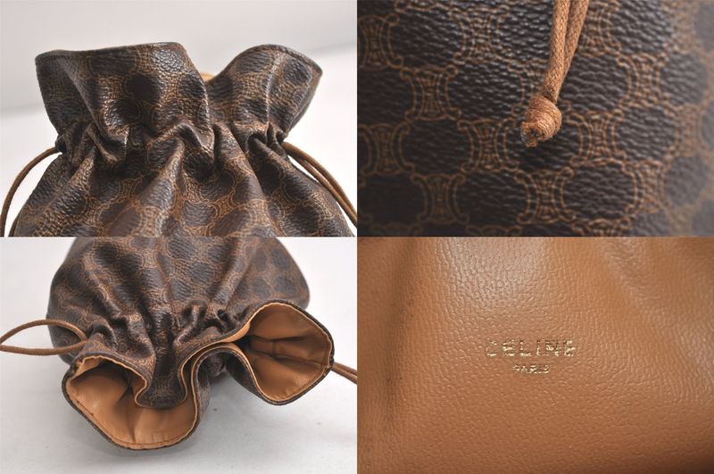 Celine Macadam Blazon Pattern Drawstring Shape Pouch Pvc Leather Brown 4531n
