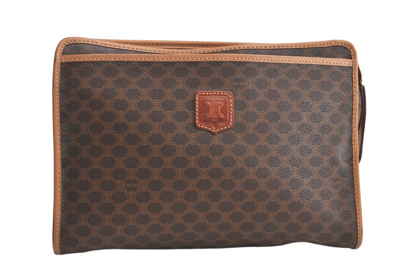 Celine Vintage Macadam Blazon Clutch Handbag Pvc Leather Brown 4532n
