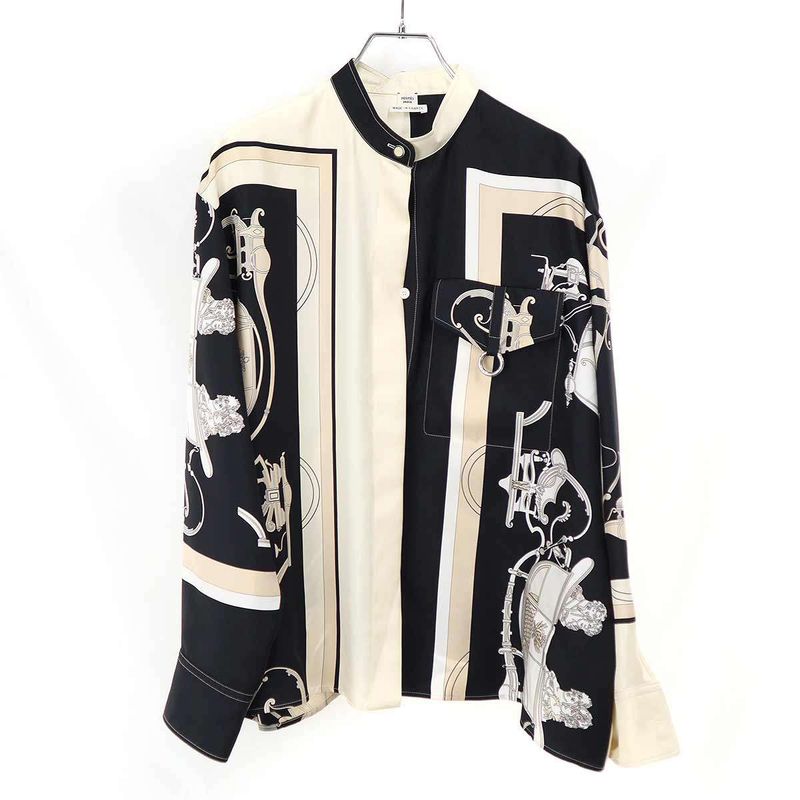 Hermes 23ss Twill Raine Exlibris Silk Wide Blouse 3e0607d7 Black and Ivory 38