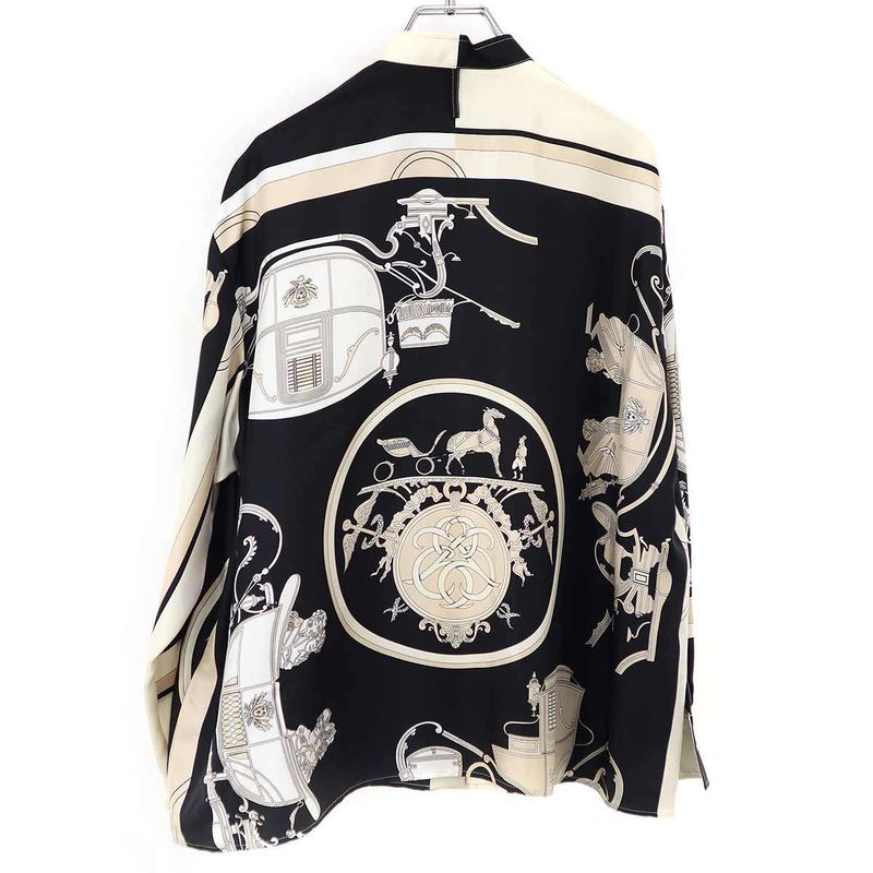 Hermes 23ss Twill Raine Exlibris Silk Wide Blouse 3e0607d7 Black and Ivory 38