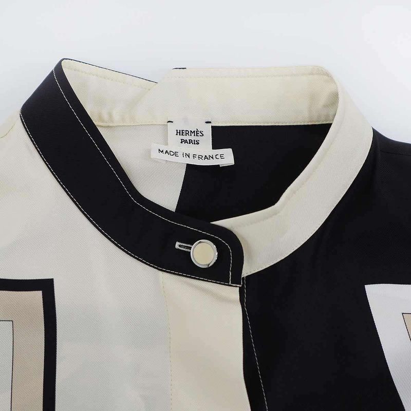 Hermes 23ss Twill Raine Exlibris Silk Wide Blouse 3e0607d7 Black and Ivory 38