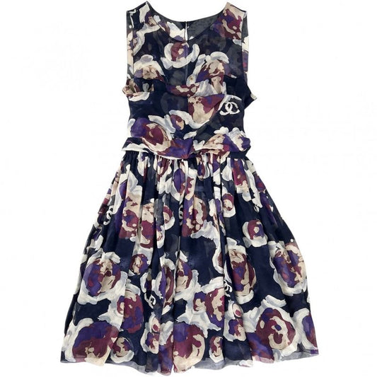 Chanel Dress Women's Coco Mark Floral Pattern Sleeveless See-through Apparel