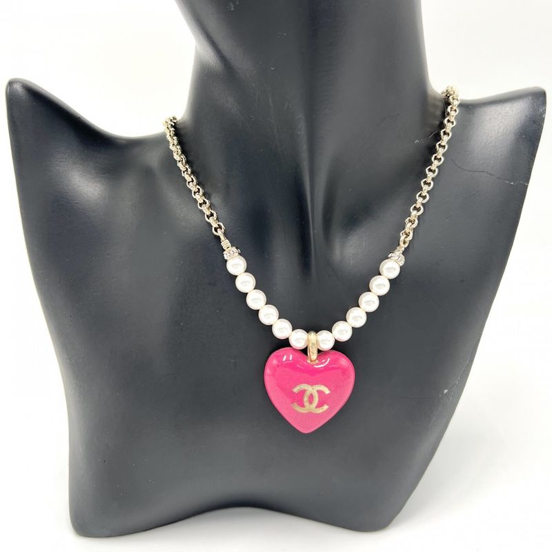 Chanel Necklace Women's Reversible Heart With Adjuster Coco Mark Accessories