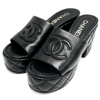 Chanel Sandals Women's Coco Mark Matelasse Thick Soled Mules 38 Size Approx