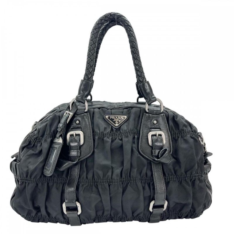 Prada Handbag Women Triangle Plate Logo Braided Handle Gather Prada Leather