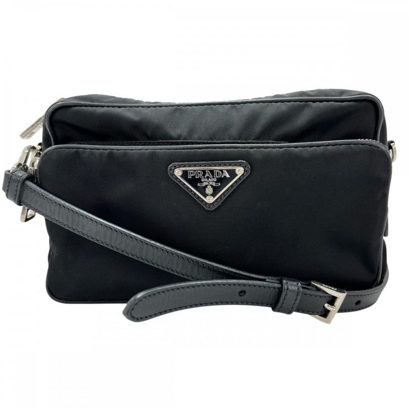 Prada Shoulder Bag Unisex Triangle Logo Men Women Prada Black Silver Hardware
