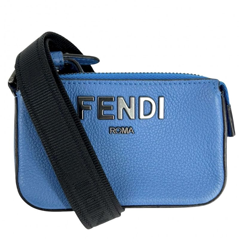 Fendi Pouch Unisex Shoulder Pouch Men Women Fendi 7m0352 Leather Blue Black
