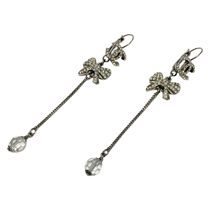 Chanel Earring Coco Mark Silver X Clear Ribbon/beads