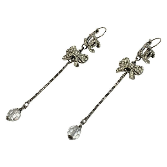 Chanel Earring Coco Mark Silver X Clear Ribbon/beads