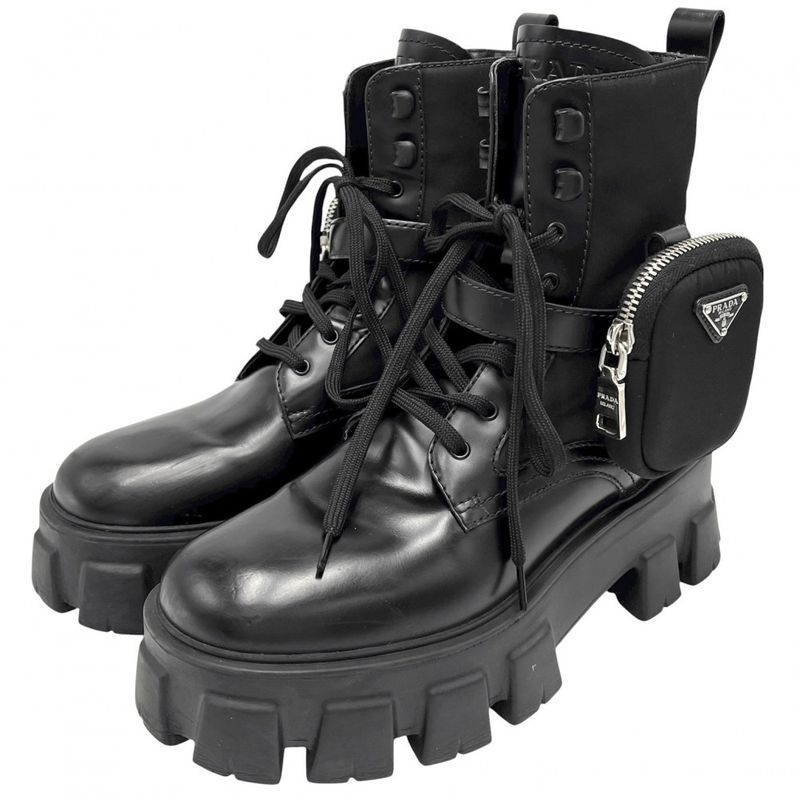 Prada Boots Women's Triangle Logo Monolith With Pouch Short Boots Shoes Size 38