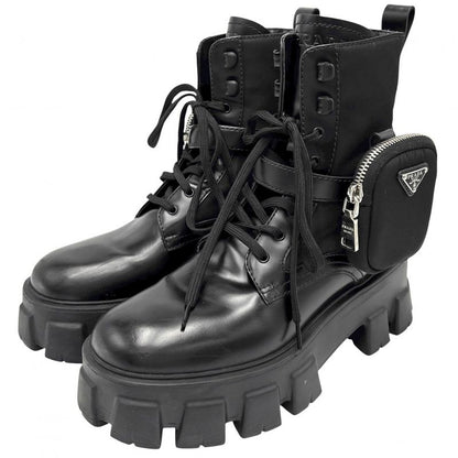 Prada Boots Women's Triangle Logo Monolith With Pouch Short Boots Shoes Size 38