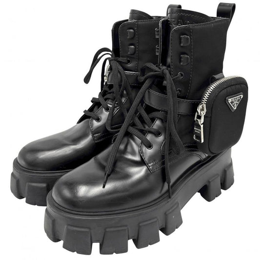 Prada Boots Women's Triangle Logo Monolith With Pouch Short Boots Shoes Size 38