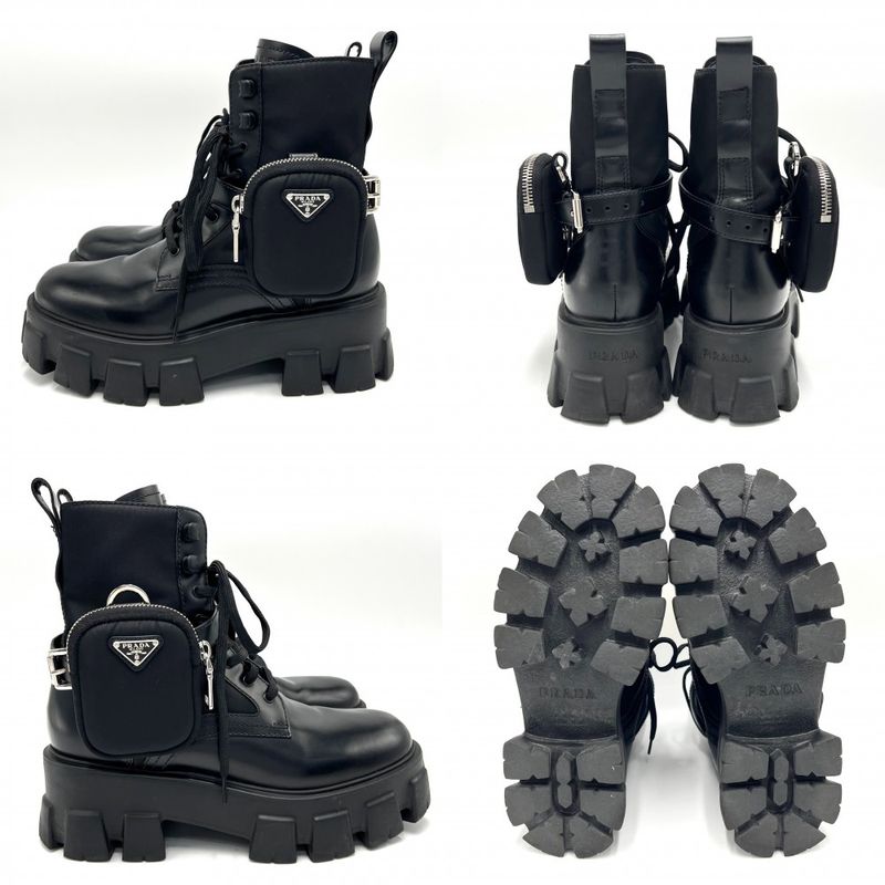 Prada Boots Women's Triangle Logo Monolith With Pouch Short Boots Shoes Size 38