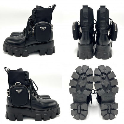 Prada Boots Women's Triangle Logo Monolith With Pouch Short Boots Shoes Size 38