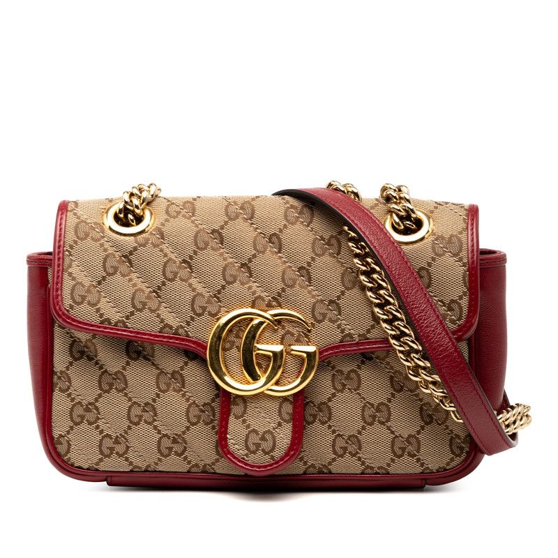 Gucci GG Canvas GG Marmont Chain Shoulder Bag 446744 Beige Red Canvas Leather