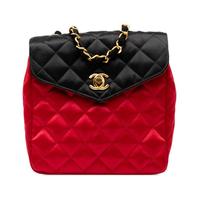 Chanel Matelasse Coco Mark Chain Shoulder Bag Red Black Silk Satin Women's