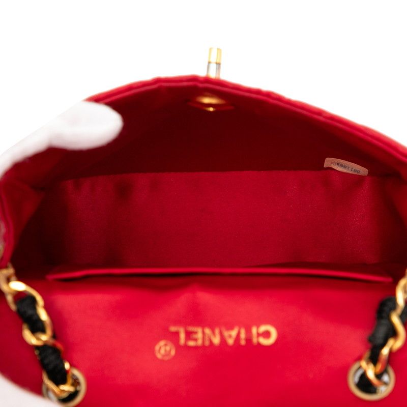 Chanel Matelasse Coco Mark Chain Shoulder Bag Red Black Silk Satin Women's