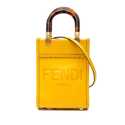 Fendi Sunshine Shopper Mini Tote Bag Shoulder Bag 2WAY 8bs051 Yellow Brown