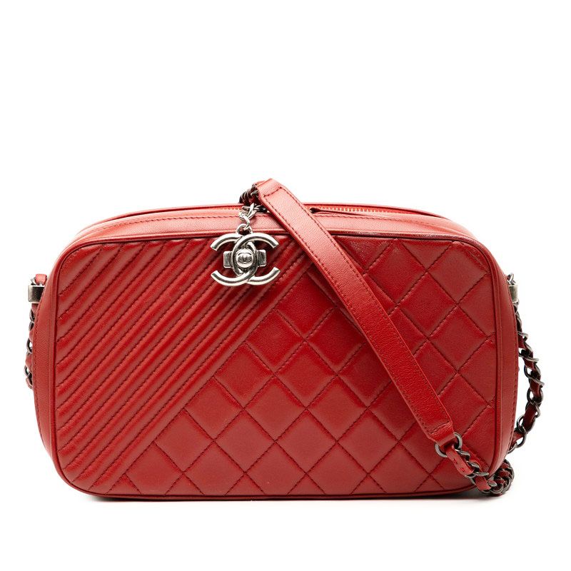 Chanel Matelasse Coco Boy Chain Shoulder Bag Camera Bag Red Lambskin Ladies