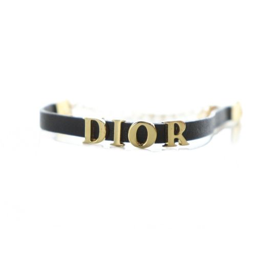Christian DIOR Bracelet Accessories Bangle Leather Logo Engraved Gold Color