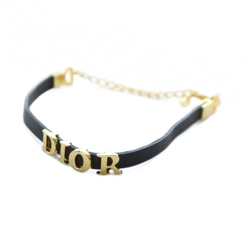 Christian DIOR Bracelet Accessories Bangle Leather Logo Engraved Gold Color