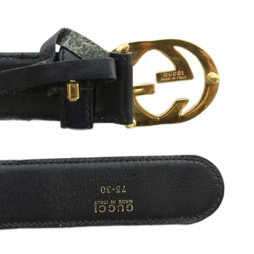 Gucci Old Gucci Vintage Belt Leather Interlocking G GG Logo Buckle 75-30 Black