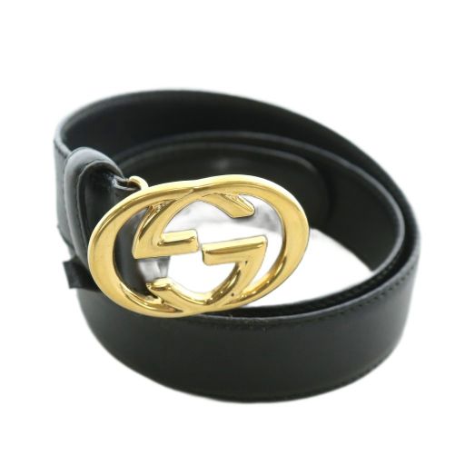 Gucci Old Gucci Vintage Belt Leather Interlocking G GG Logo Buckle 75-30 Black