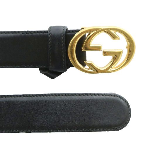 Gucci Old Gucci Vintage Belt Leather Interlocking G GG Logo Buckle 75-30 Black