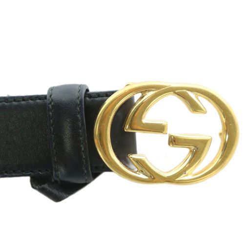 Gucci Old Gucci Vintage Belt Leather Interlocking G GG Logo Buckle 75-30 Black