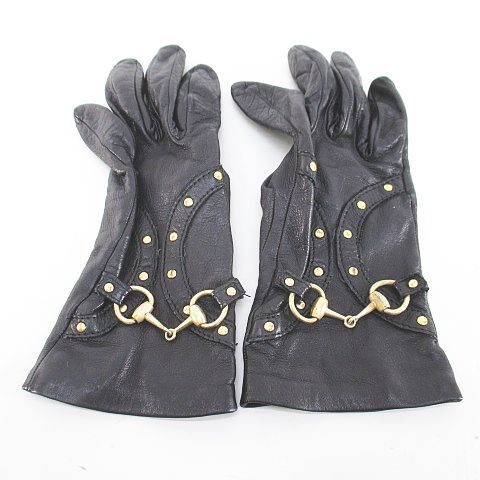 Gucci Gloves 5 Finger Gloves Horsebit Leather Blackish Black Made In Italy