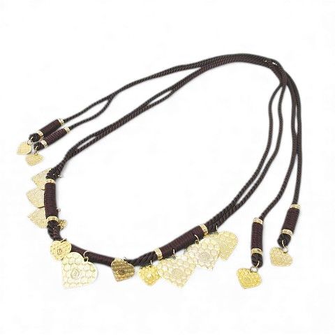 Christian DIOR Rope Belt Heart Charm Plate Brown Logo Letter Small Accessories