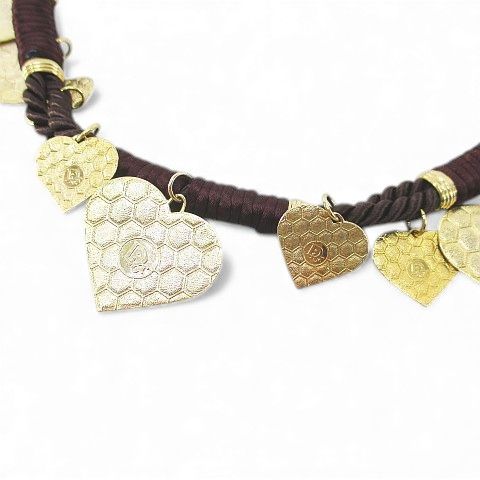 Christian DIOR Rope Belt Heart Charm Plate Brown Logo Letter Small Accessories