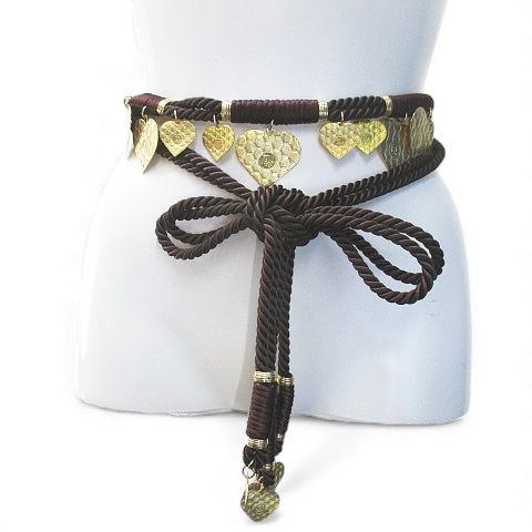 Christian DIOR Rope Belt Heart Charm Plate Brown Logo Letter Small Accessories