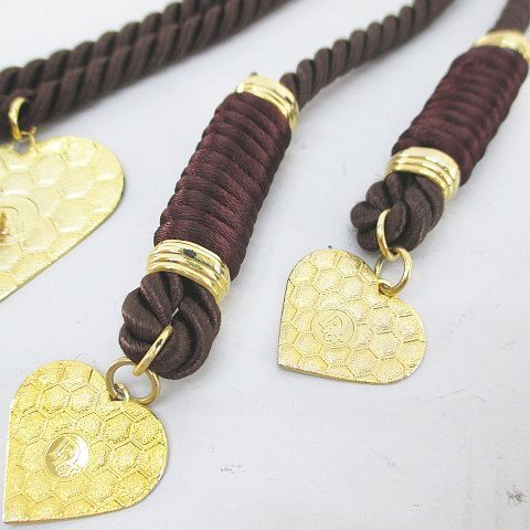 Christian DIOR Rope Belt Heart Charm Plate Brown Logo Letter Small Accessories