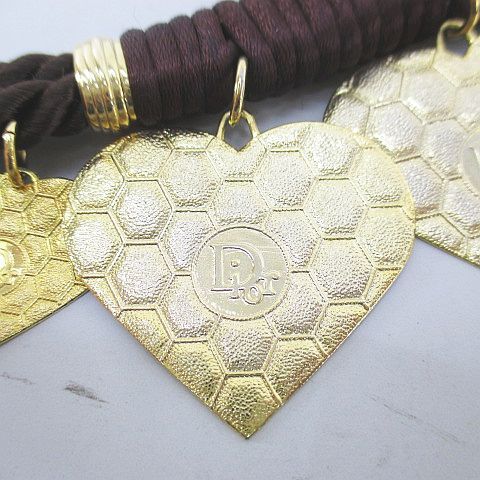 Christian DIOR Rope Belt Heart Charm Plate Brown Logo Letter Small Accessories