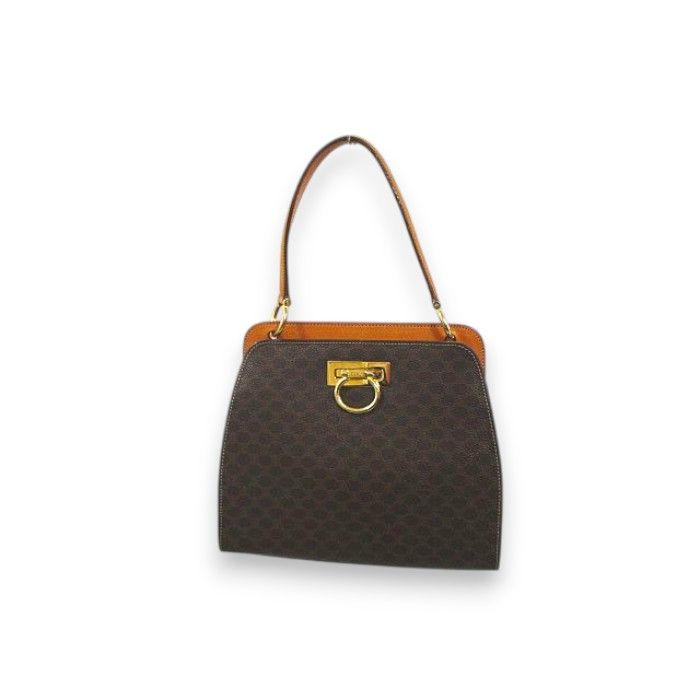 Celine Handbag Macadam Pattern One Handle Gold Hardware Brown Leather Made In